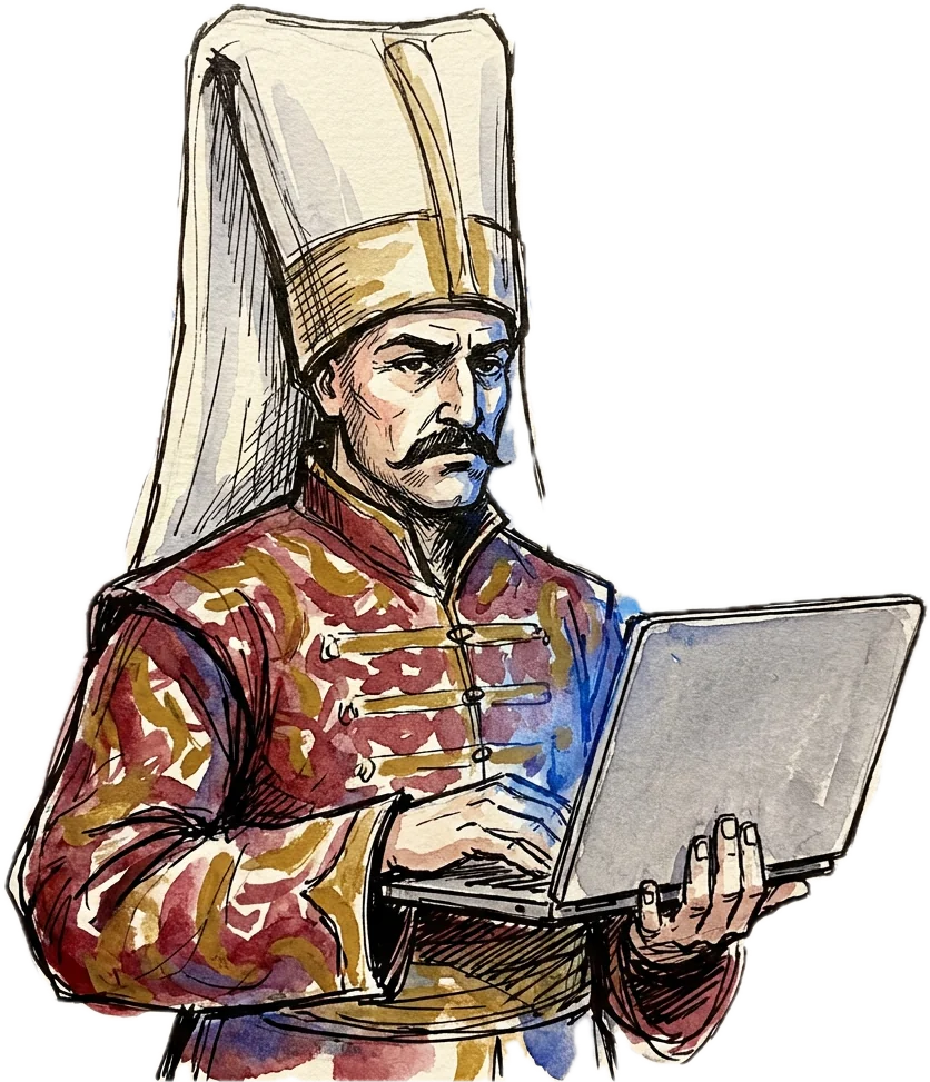 Elinde dizüstü bilgisayarla ekrana bakan yeniçeri; suluboya çizim